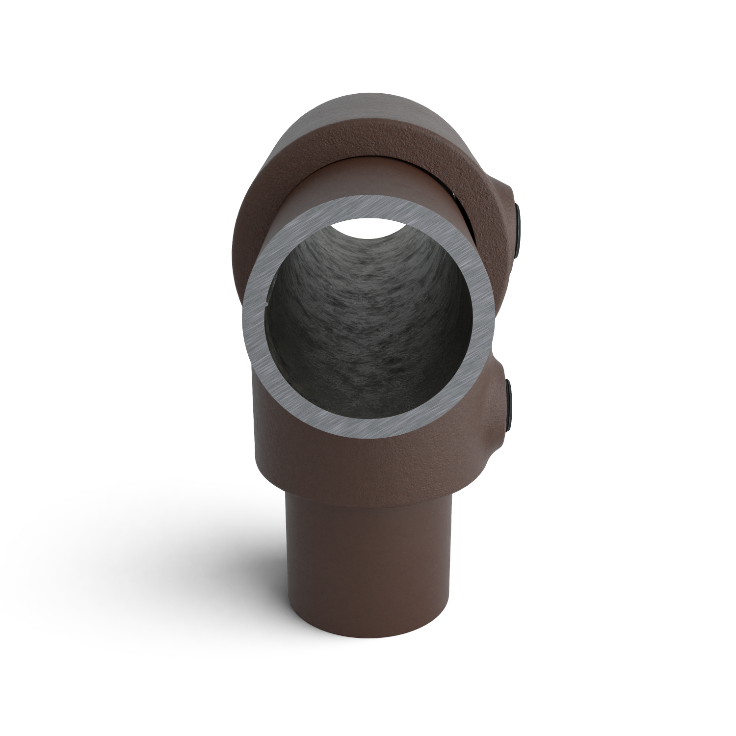 Buiskoppeling T-stuk kort vintage 26,9 mm - zijaanzicht met buizen (Steigerbuisstunter.nl)
