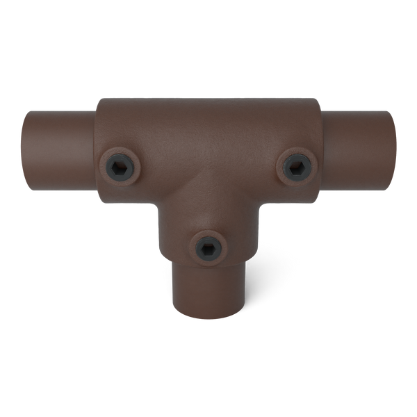 Buiskoppeling T-stuk lang vintage 26,9 mm - vooraanzicht met buizen (Steigerbuisstunter.nl)