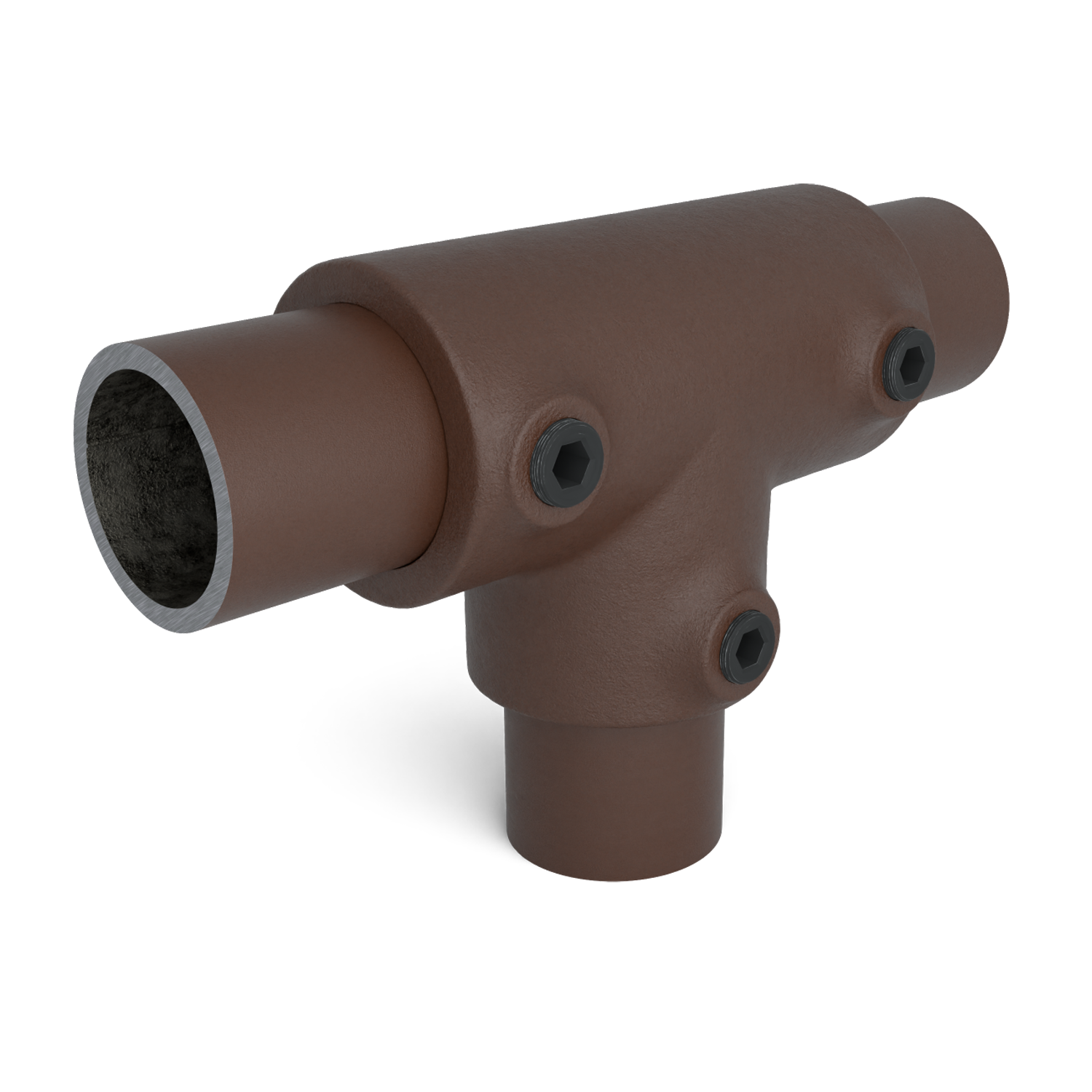 Buiskoppeling T-stuk lang vintage 26,9 mm - schuin aanzicht met buizen (Steigerbuisstunter.nl)