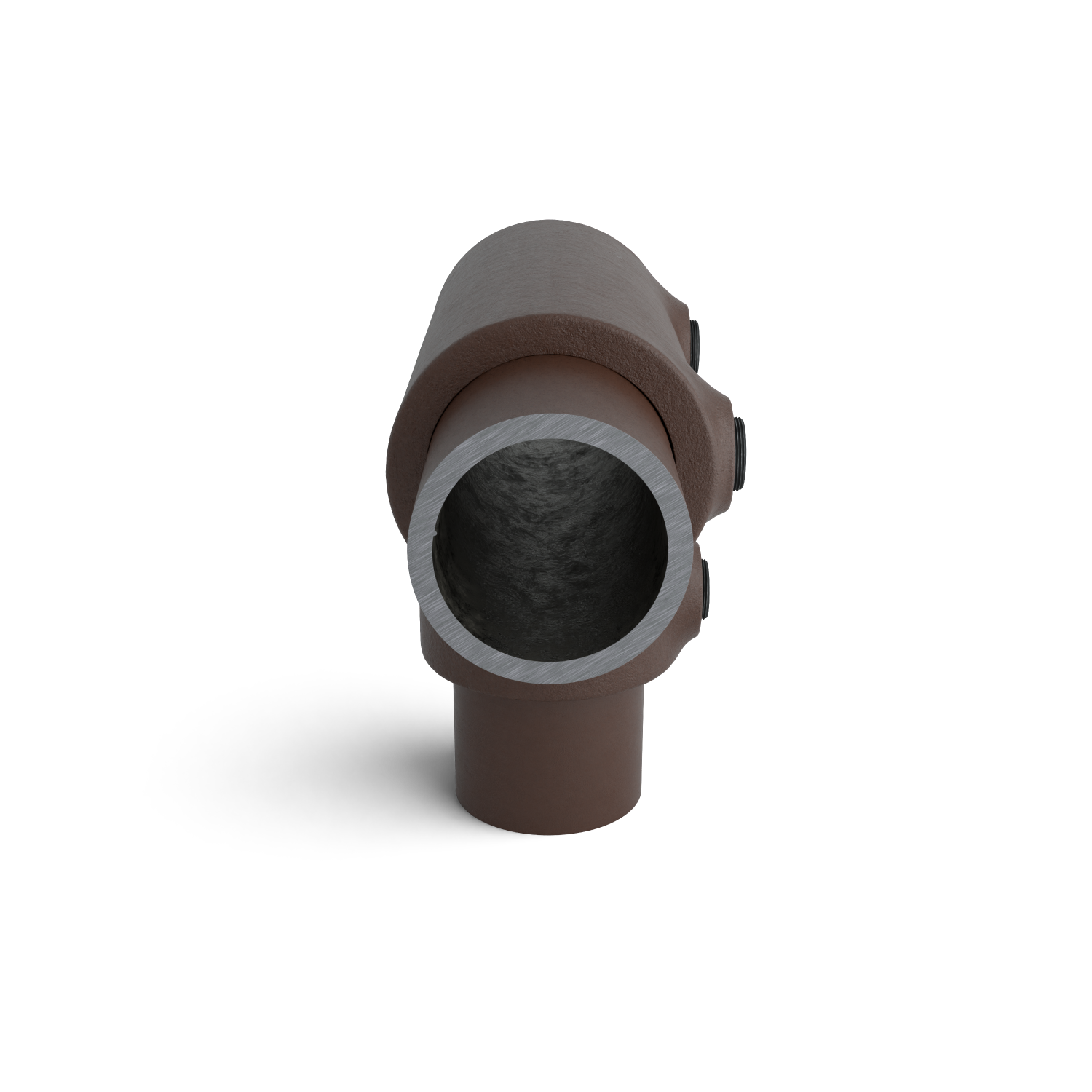 Buiskoppeling T-stuk lang vintage 26,9 mm - zijaanzicht met buizen (Steigerbuisstunter.nl)