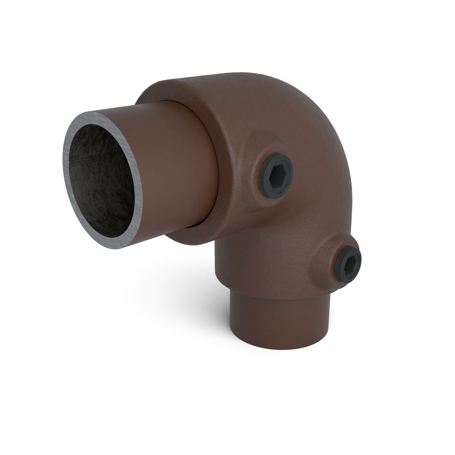 Buiskoppeling Kniestuk 2-weg 90º vintage 26,9 mm - schuin aanzicht met buizen (Steigerbuisstunter.nl)