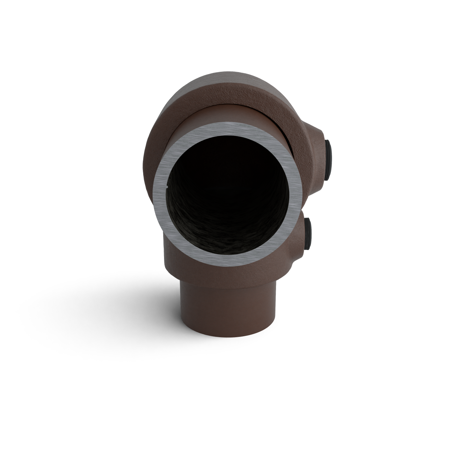 Buiskoppeling Kniestuk 2-weg 90º vintage 33,7 mm - zijaanzicht met buizen (Steigerbuisstunter.nl)