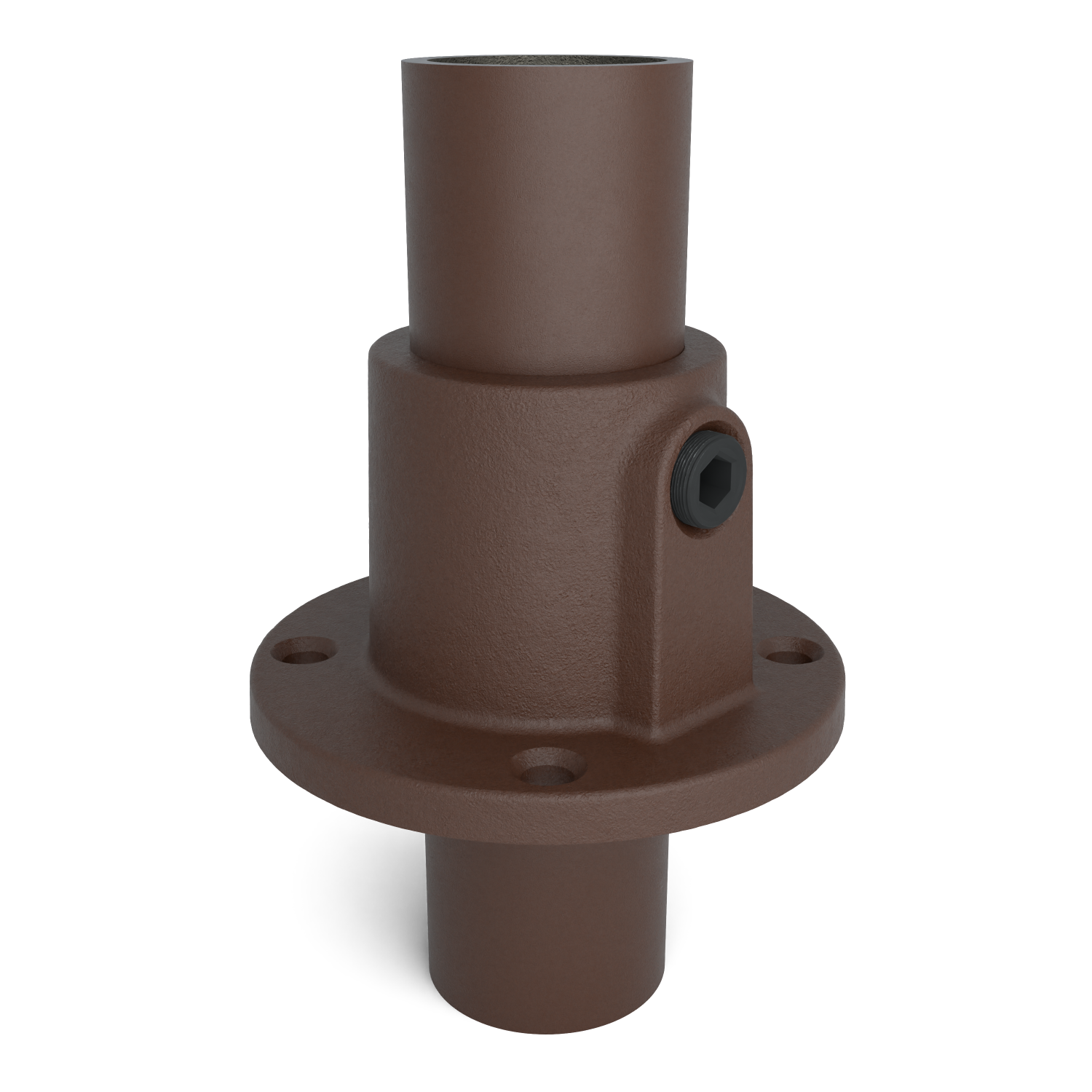 Buiskoppeling Voetplaat rond doorlopend vintage 33,7 mm - schuin aanzicht met buizen (Steigerbuisstunter.nl)