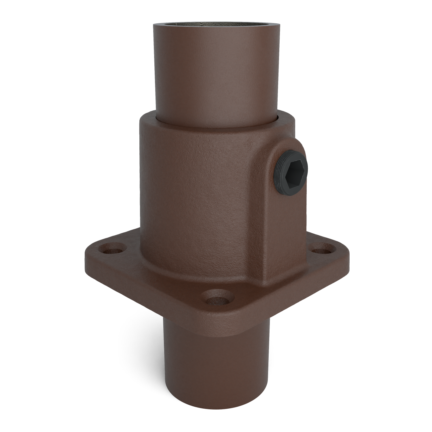 Buiskoppeling Voetplaat vierkant vintage 33,7 mm - schuin aanzicht met buizen (Steigerbuisstunter.nl)