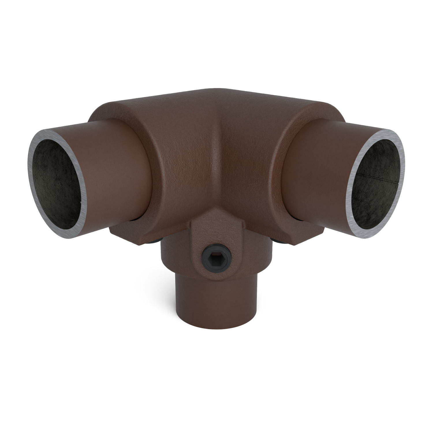 Buiskoppeling Kniestuk 3-weg 90º vintage 26,9 mm - vooraanzicht met buizen (Steigerbuisstunter.nl)