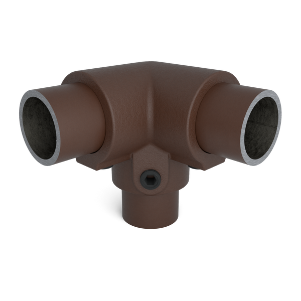 Buiskoppeling Kniestuk 3-weg 90º vintage 33,7 mm - vooraanzicht met buizen (Steigerbuisstunter.nl)