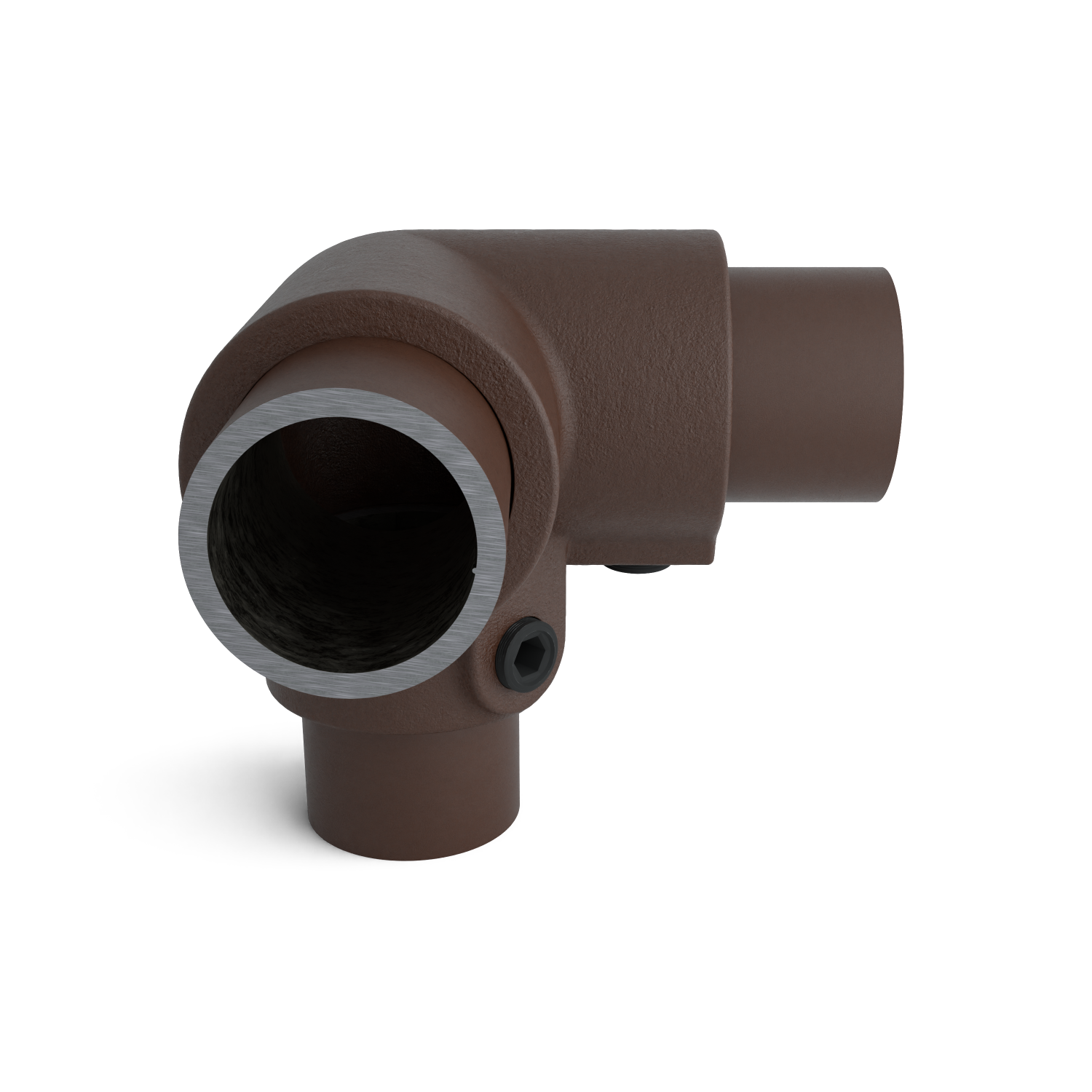 Buiskoppeling Kniestuk 3-weg 90º vintage 26,9 mm - schuin aanzicht met buizen (Steigerbuisstunter.nl)