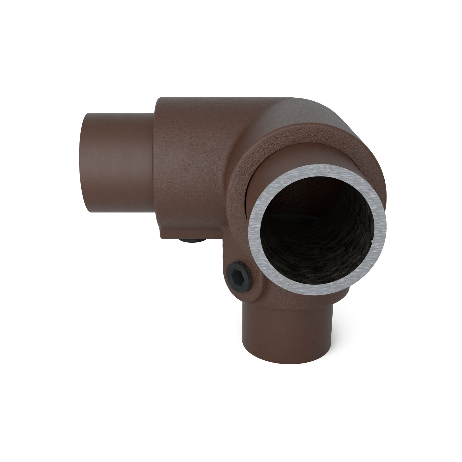 Buiskoppeling Kniestuk 3-weg 90º vintage 26,9 mm - zijaanzicht met buizen (Steigerbuisstunter.nl)
