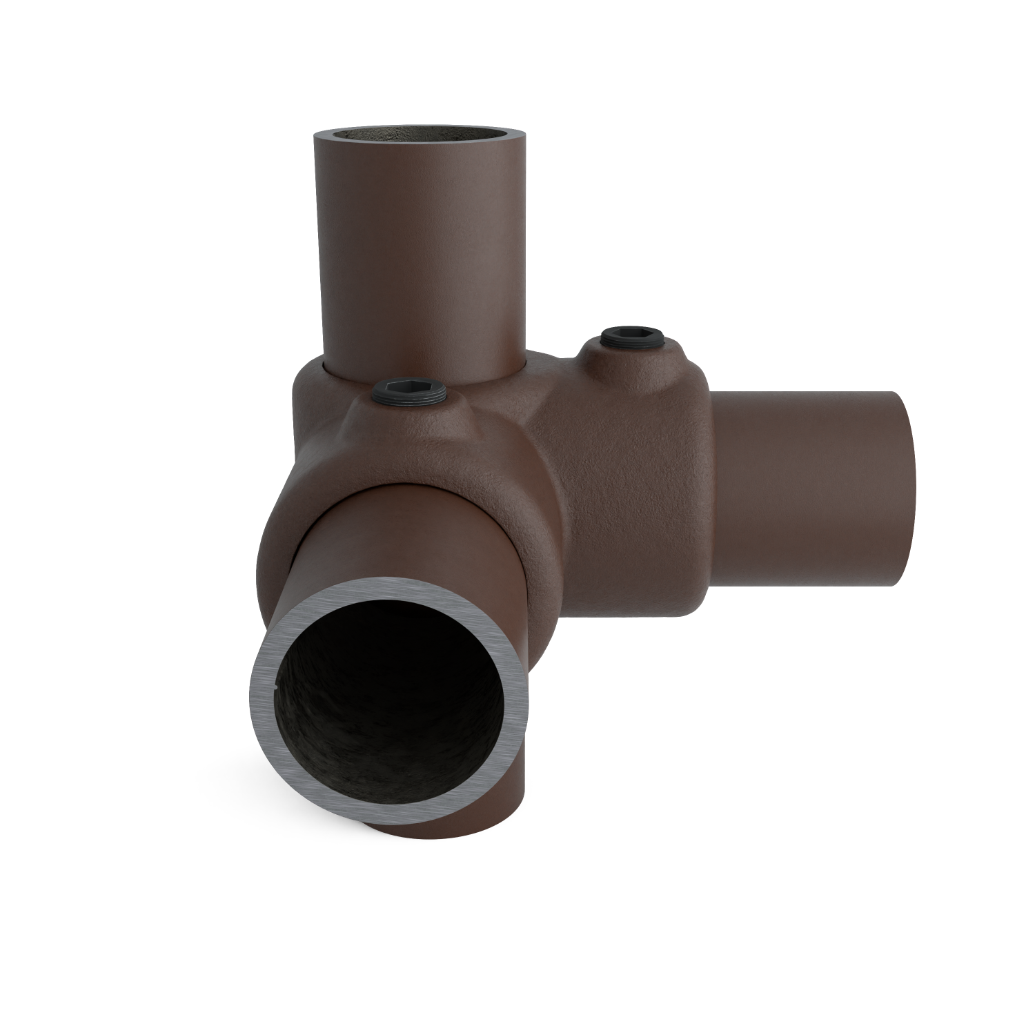 Buiskoppeling Hoekstuk 90º vintage 26,9 mm - schuin aanzicht met buizen (Steigerbuisstunter.nl)
