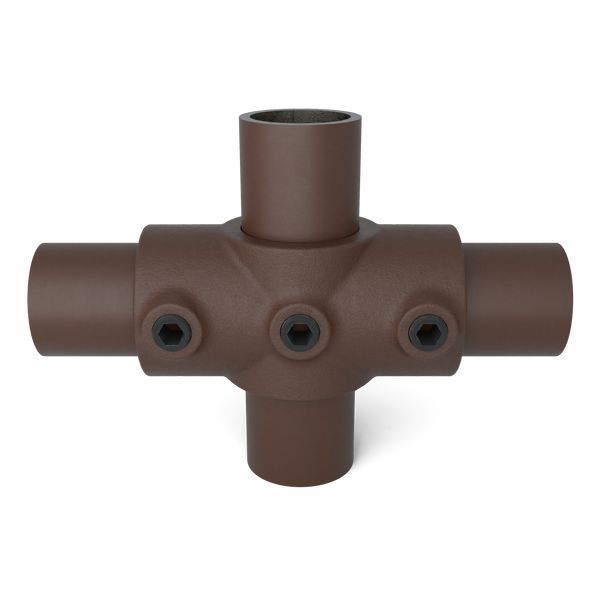 Buiskoppeling Kruisstuk 1-vlak vintage 33,7 mm - vooraanzicht met buizen (Steigerbuisstunter.nl)