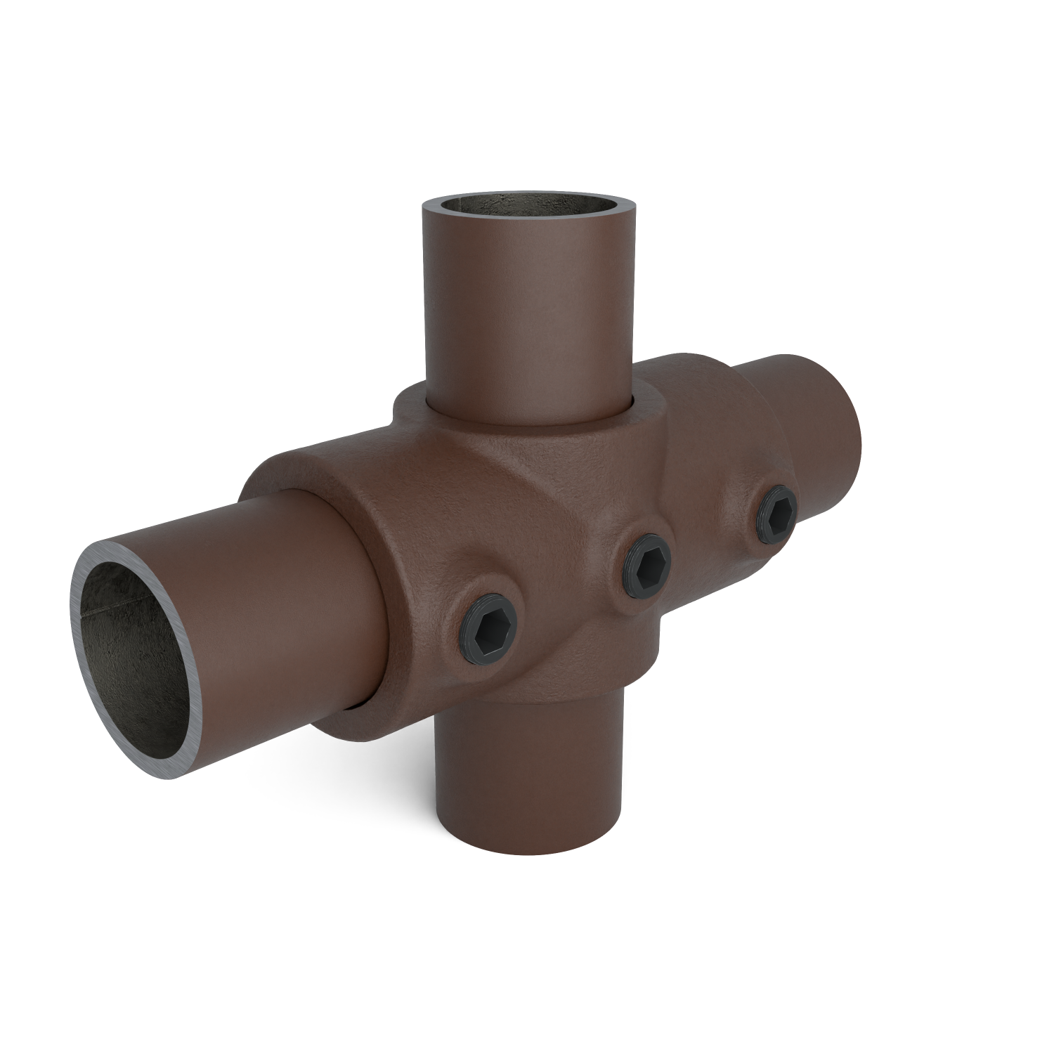 Buiskoppeling Kruisstuk 1-vlak vintage 33,7 mm - schuin aanzicht met buizen (Steigerbuisstunter.nl)