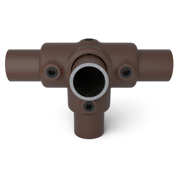 Buiskoppeling T-stuk zij-uitgang vintage 26,9 mm - vooraanzicht met buizen (Steigerbuisstunter.nl)