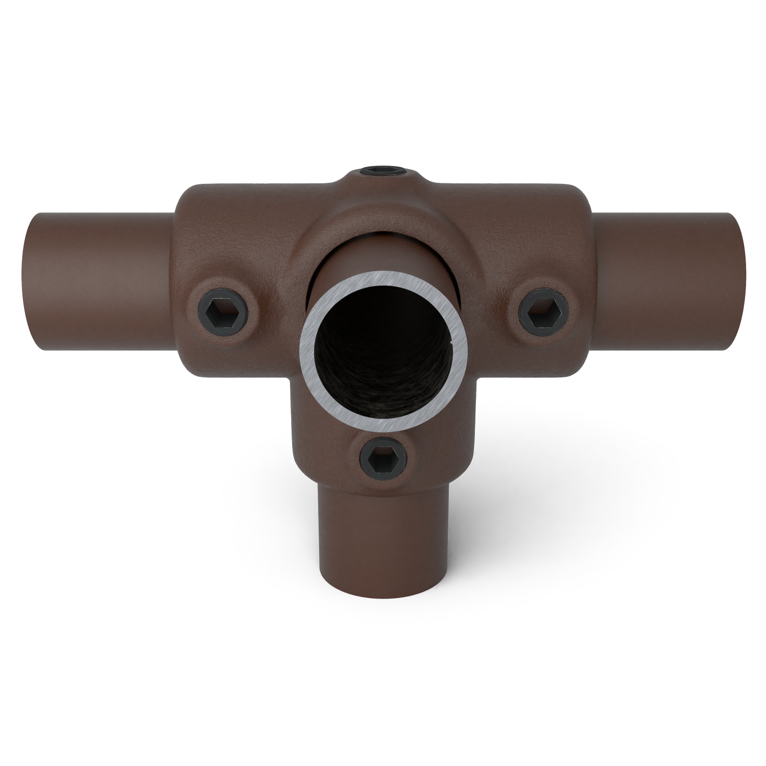 Buiskoppeling T-stuk zij-uitgang vintage 33,7 mm - vooraanzicht met buizen (Steigerbuisstunter.nl)