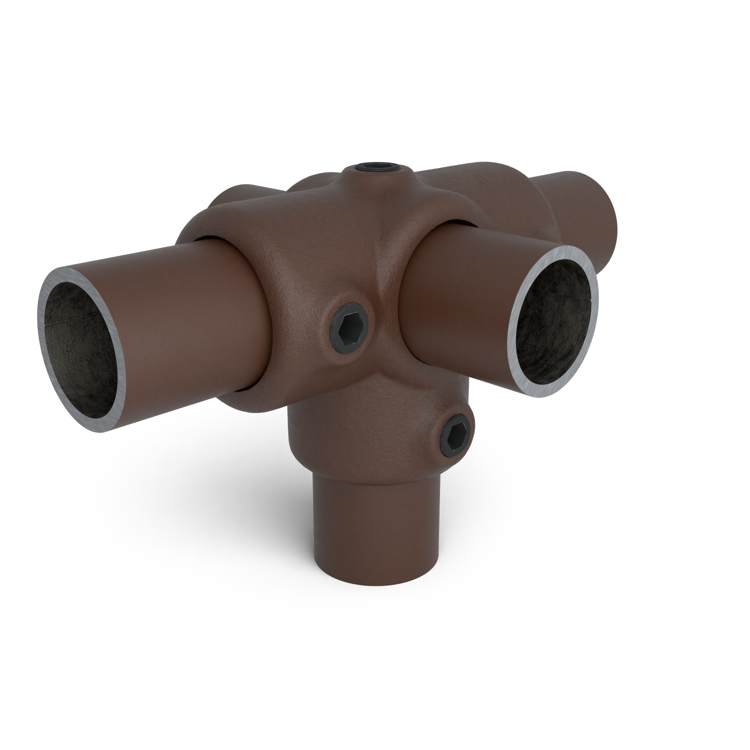 Buiskoppeling T-stuk zij-uitgang vintage 26,9 mm - schuin aanzicht met buizen (Steigerbuisstunter.nl)
