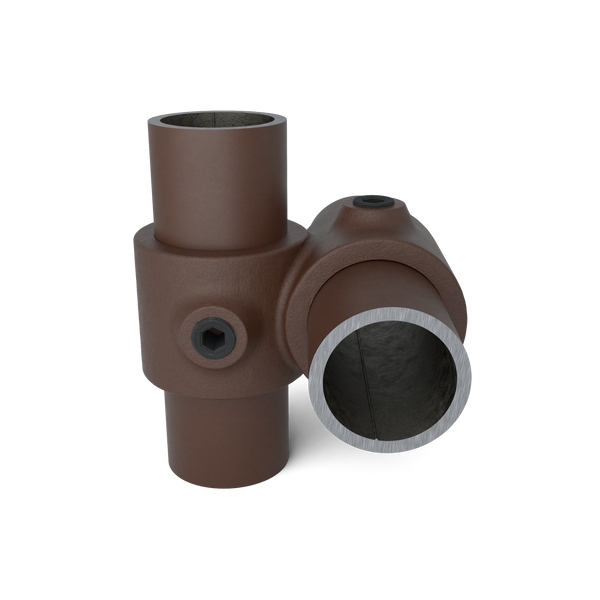 Buiskoppeling Kruisstuk 90º vintage 26,9 mm - vooraanzicht met buizen (Steigerbuisstunter.nl)