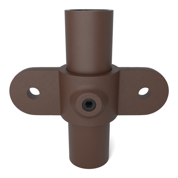 Buiskoppeling Oogdeel dubbel scharnierstuk 180º vintage 33,7 mm - vooraanzicht met buizen (Steigerbuisstunter.nl)