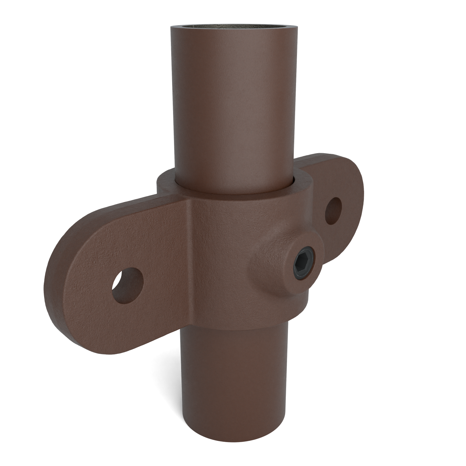 Buiskoppeling Oogdeel dubbel scharnierstuk 180º vintage 26,9 mm - schuin aanzicht met buizen (Steigerbuisstunter.nl)
