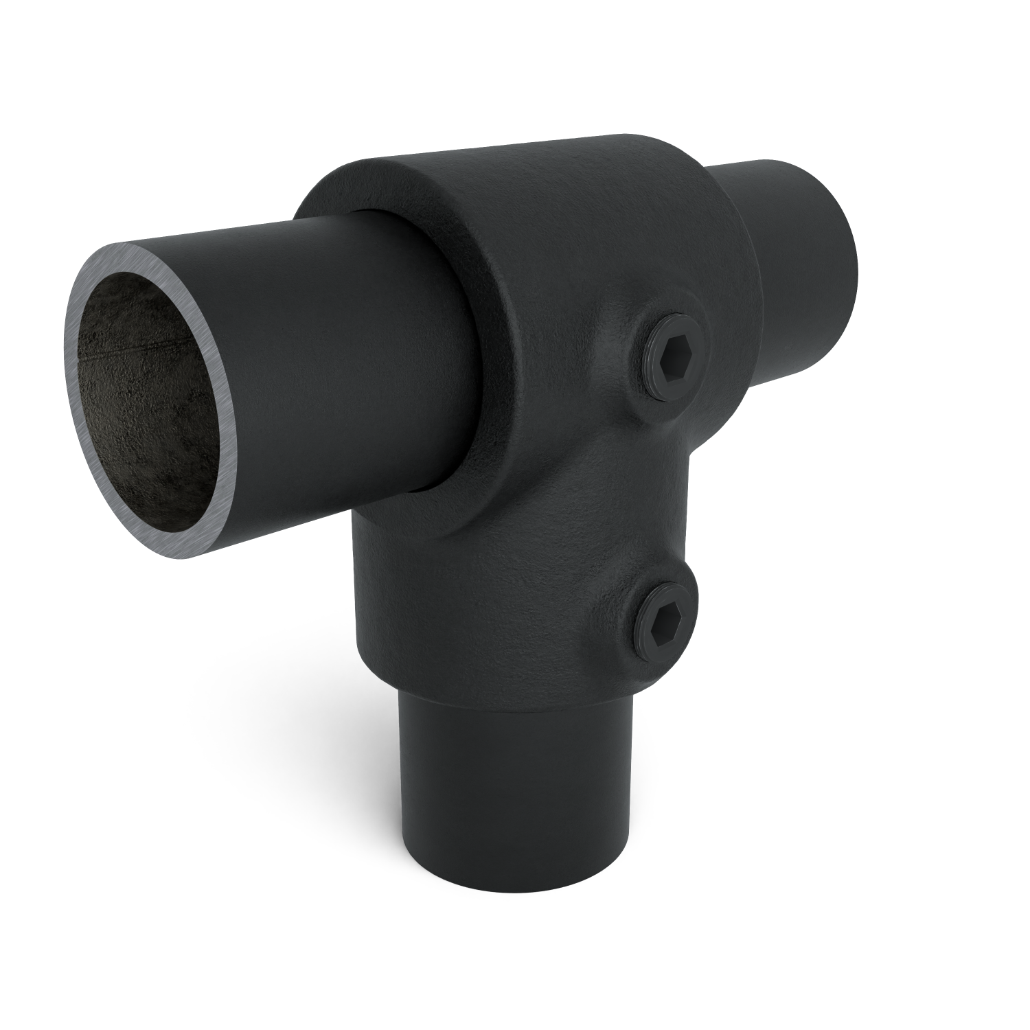 Buiskoppeling T-stuk kort zwart 26,9 mm - schuin aanzicht met buizen (Steigerbuisstunter.nl)