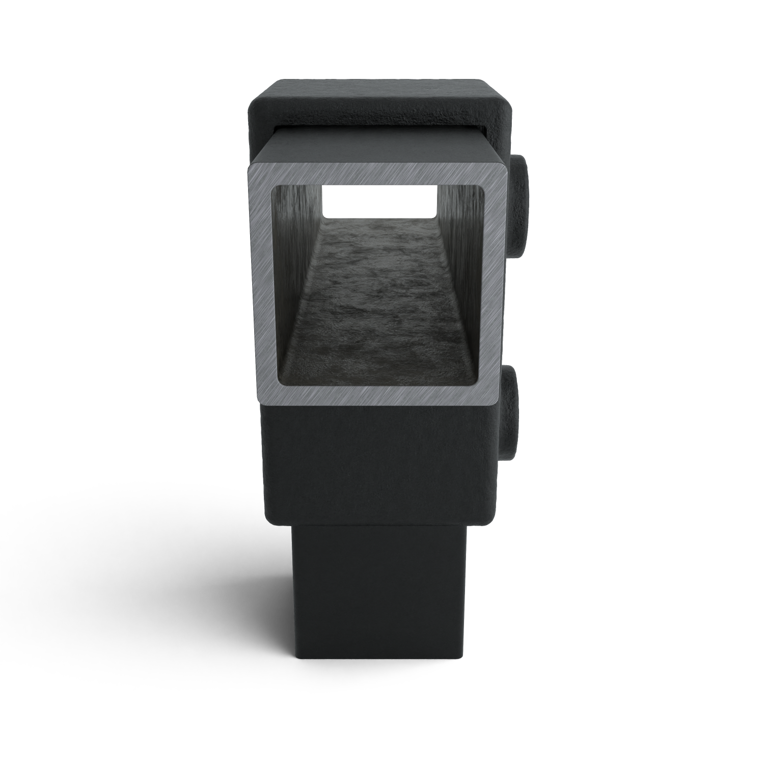 Buiskoppeling T-stuk kort zwart 40 mm vierkant - zijaanzicht met buizen (Steigerbuisstunter.nl)