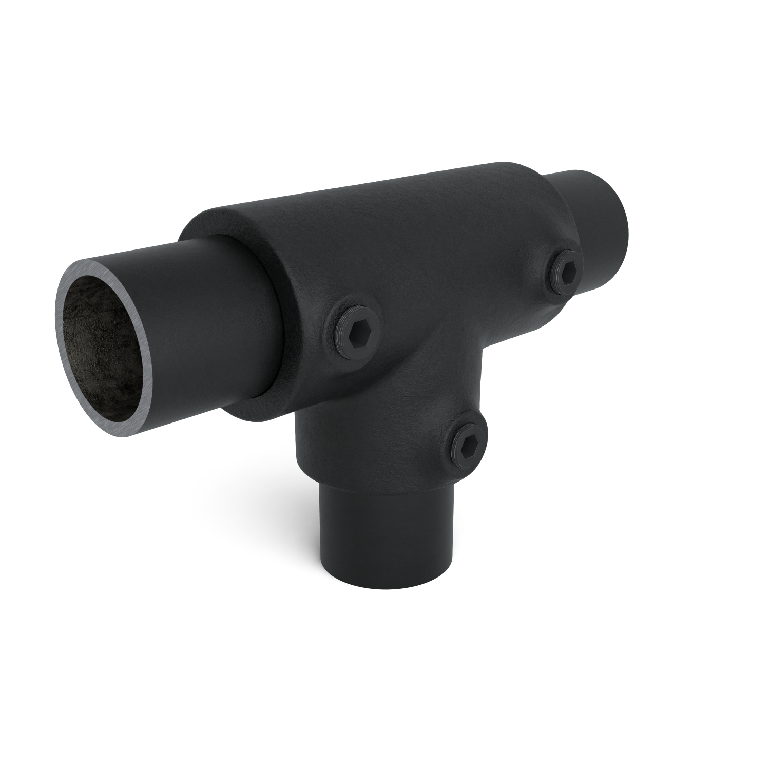 Buiskoppeling T-stuk lang zwart 33,7 mm - schuin aanzicht met buizen (Steigerbuisstunter.nl)