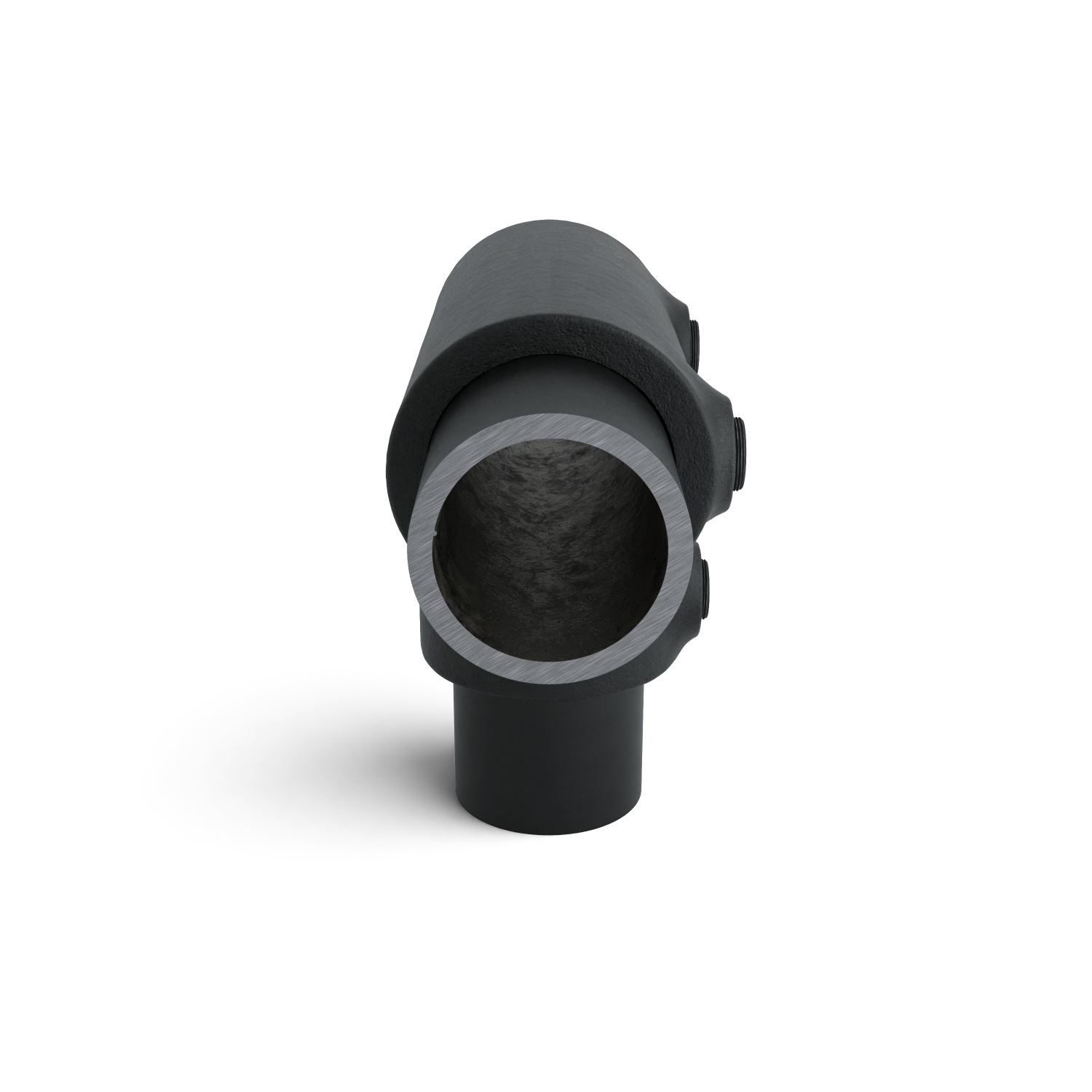 Buiskoppeling T-stuk lang - zwart voor buiten - 42,4 mm - zijaanzicht met buizen (Steigerbuisstunter.nl)