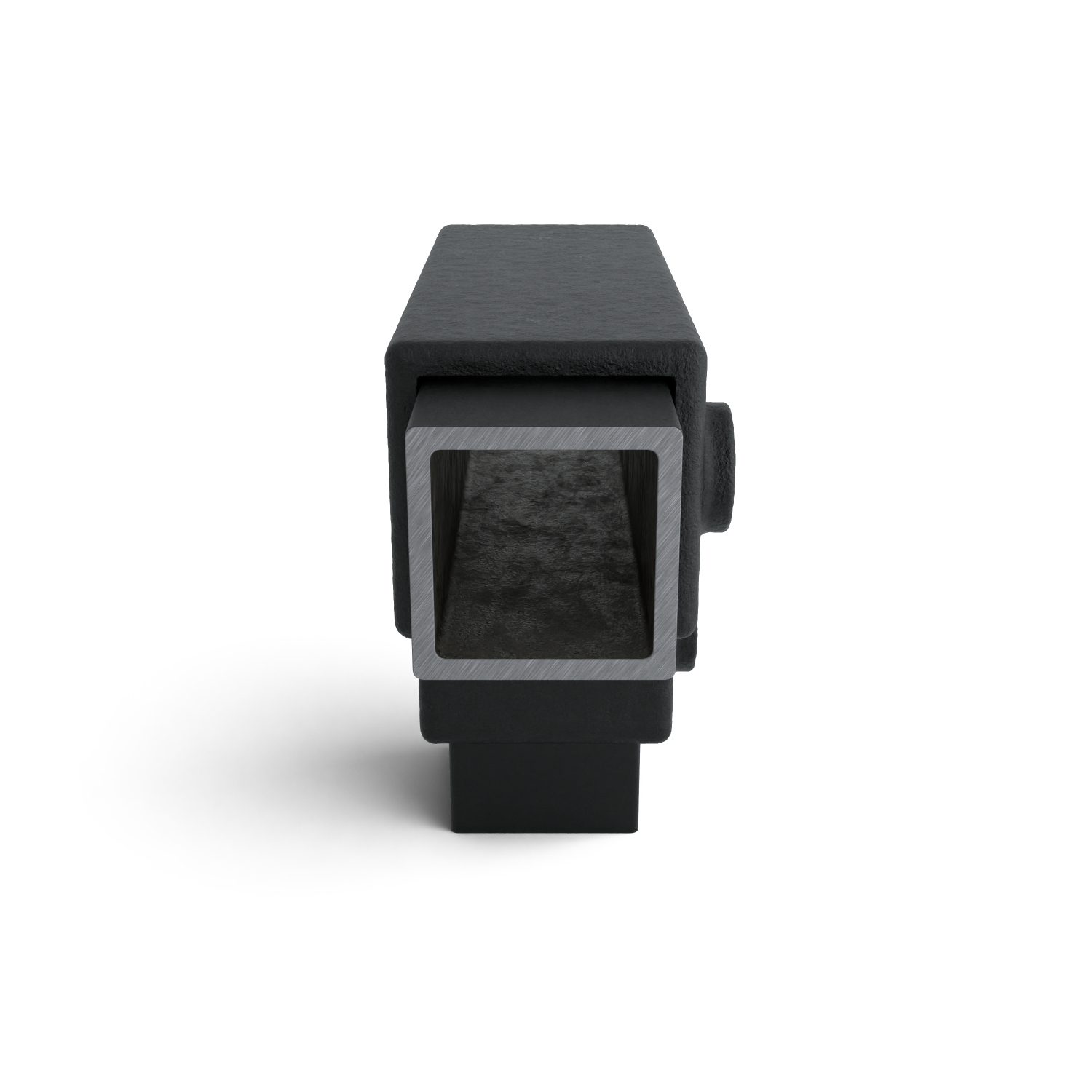 Buiskoppeling T-stuk lang zwart 40 mm vierkant - zijaanzicht met buizen (Steigerbuisstunter.nl)