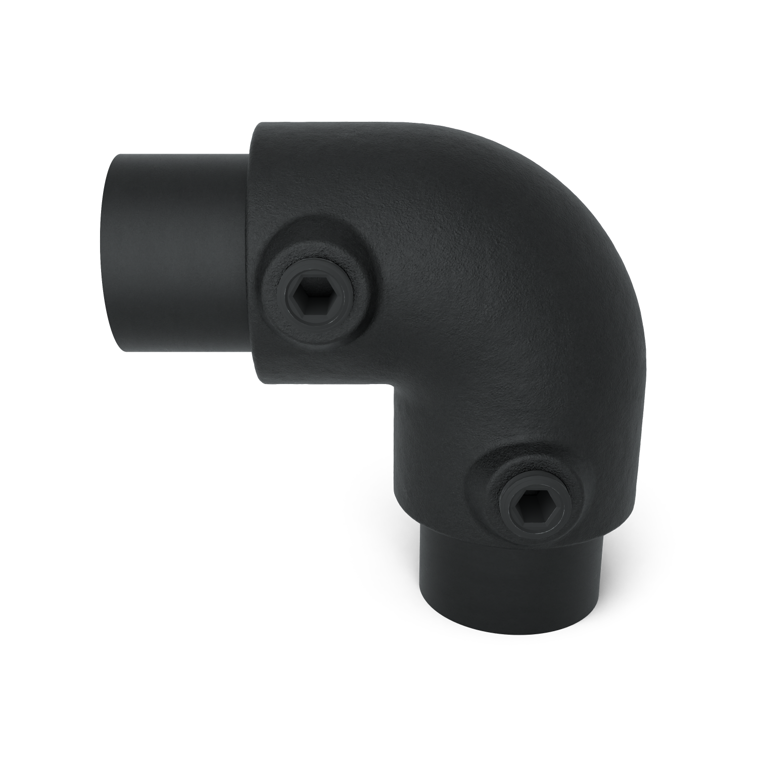 Buiskoppeling Kniestuk 2-weg 90º zwart 21,3 mm - vooraanzicht met buizen (Steigerbuisstunter.nl)