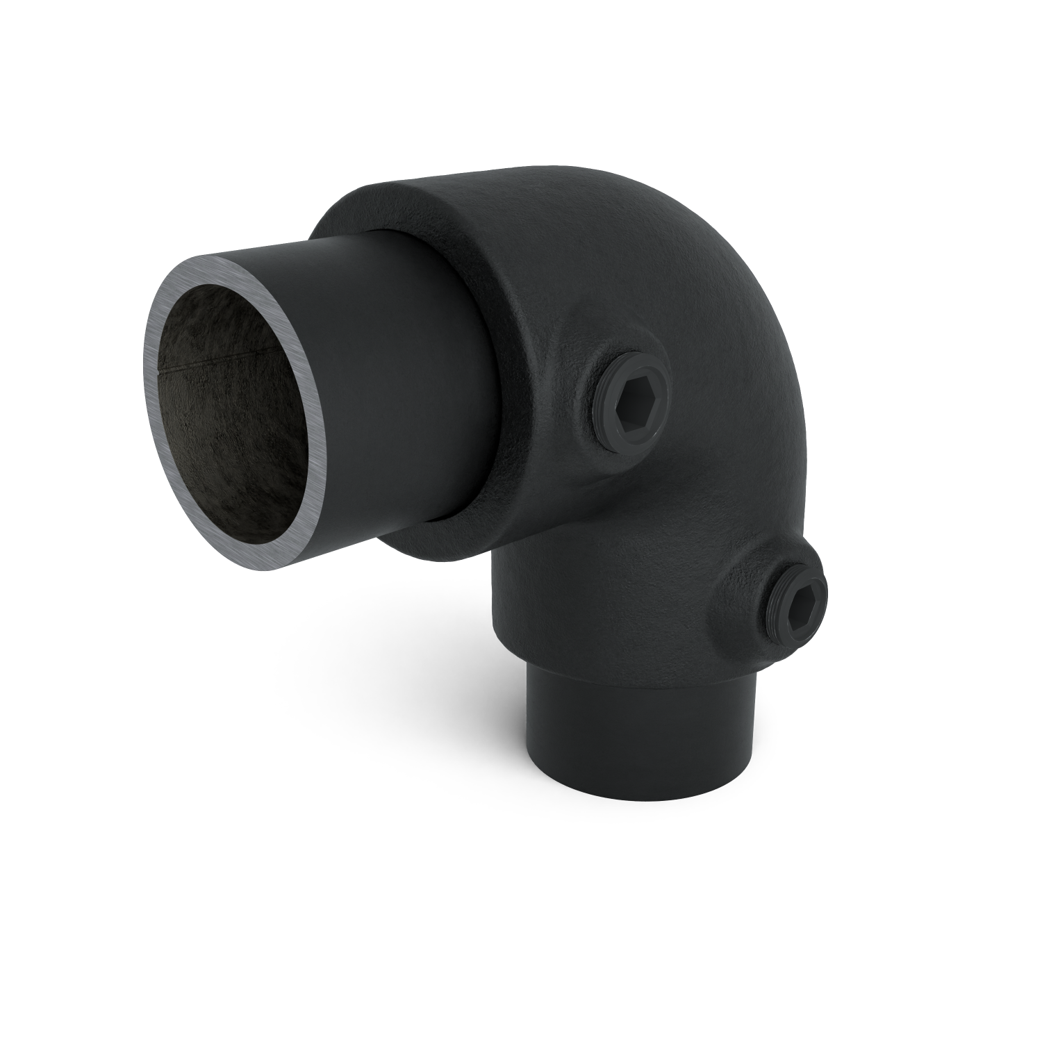 Buiskoppeling Kniestuk 2-weg 90º zwart 21,3 mm - schuin aanzicht met buizen (Steigerbuisstunter.nl)