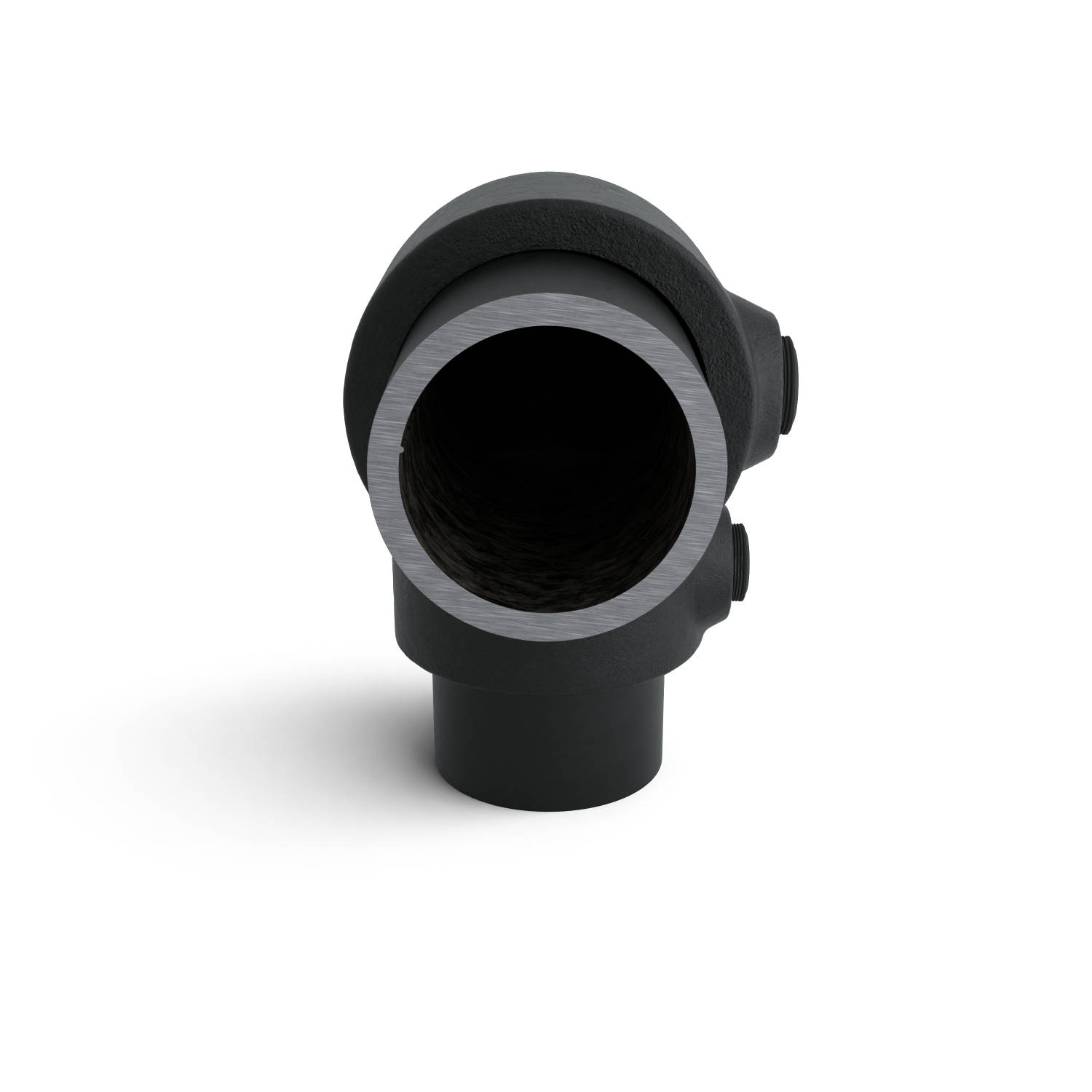 Buiskoppeling Kniestuk 2-weg 90º zwart 21,3 mm - zijaanzicht met buizen (Steigerbuisstunter.nl)