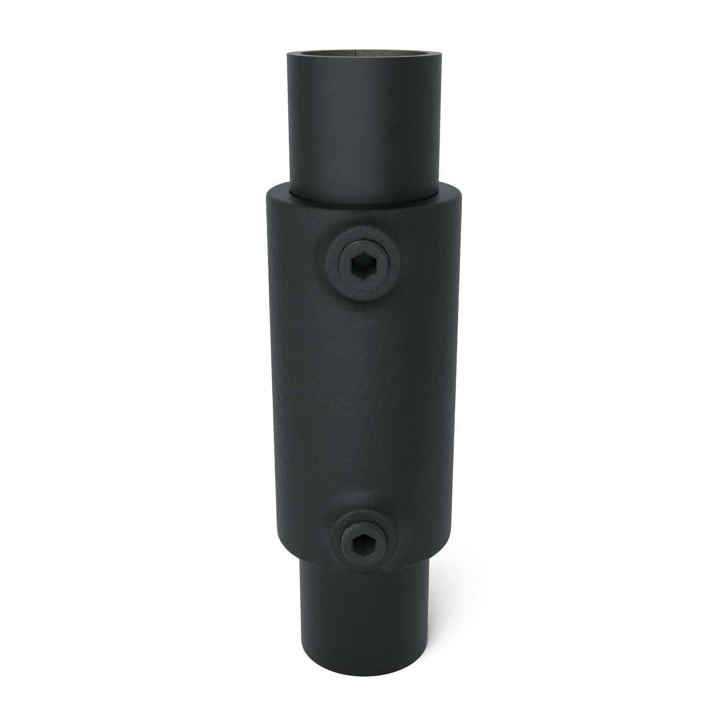 Buiskoppeling Koppelstuk zwart 42,4 mm - vooraanzicht met buizen (Steigerbuisstunter.nl)