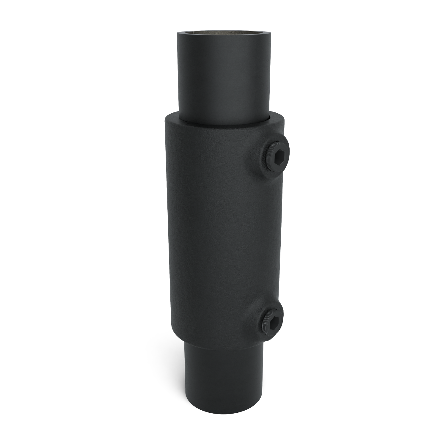 Buiskoppeling Koppelstuk - zwart voor buiten - 42,4 mm - schuin aanzicht met buizen (Steigerbuisstunter.nl)