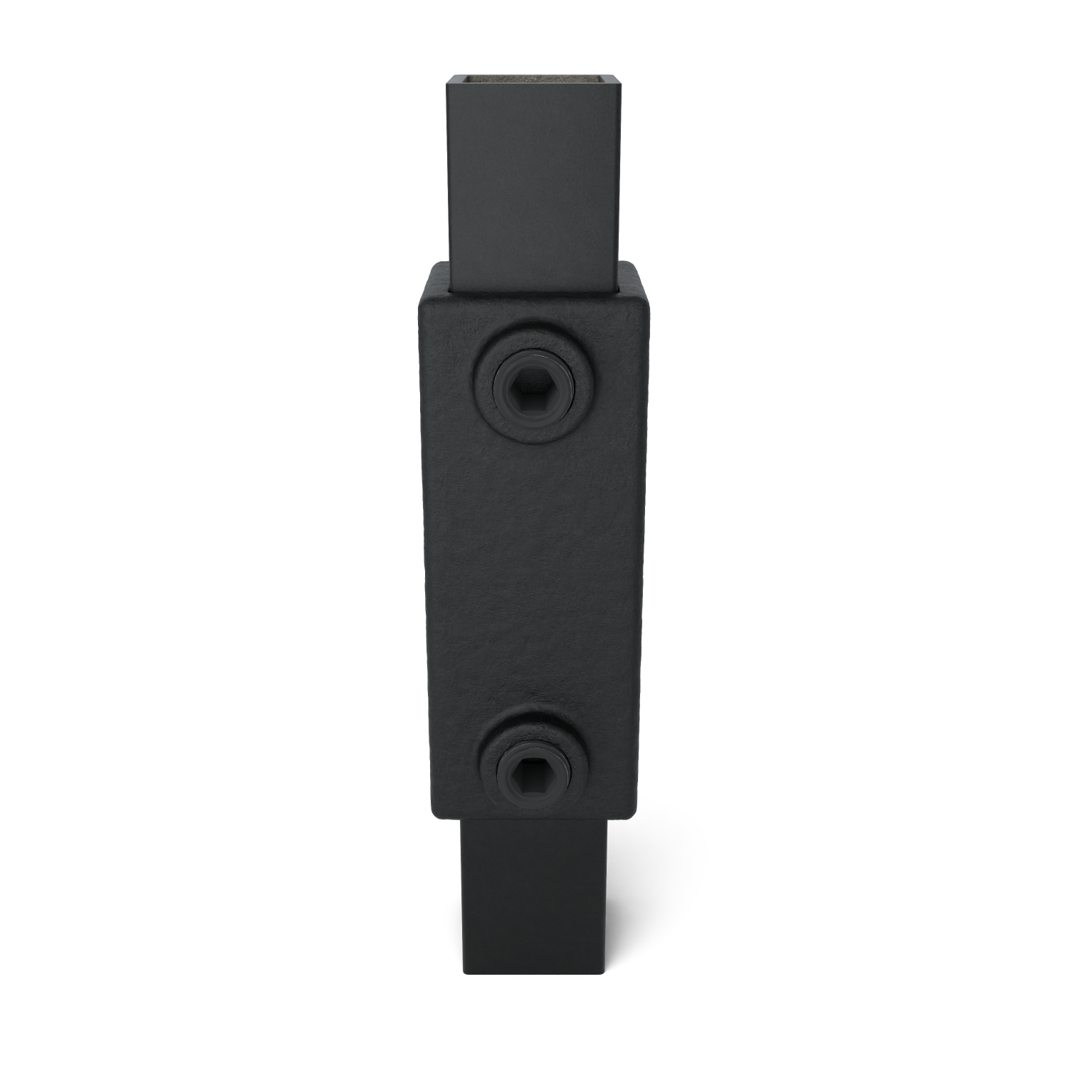 Buiskoppeling Koppelstuk zwart 25 mm vierkant - vooraanzicht met buizen (Steigerbuisstunter.nl)