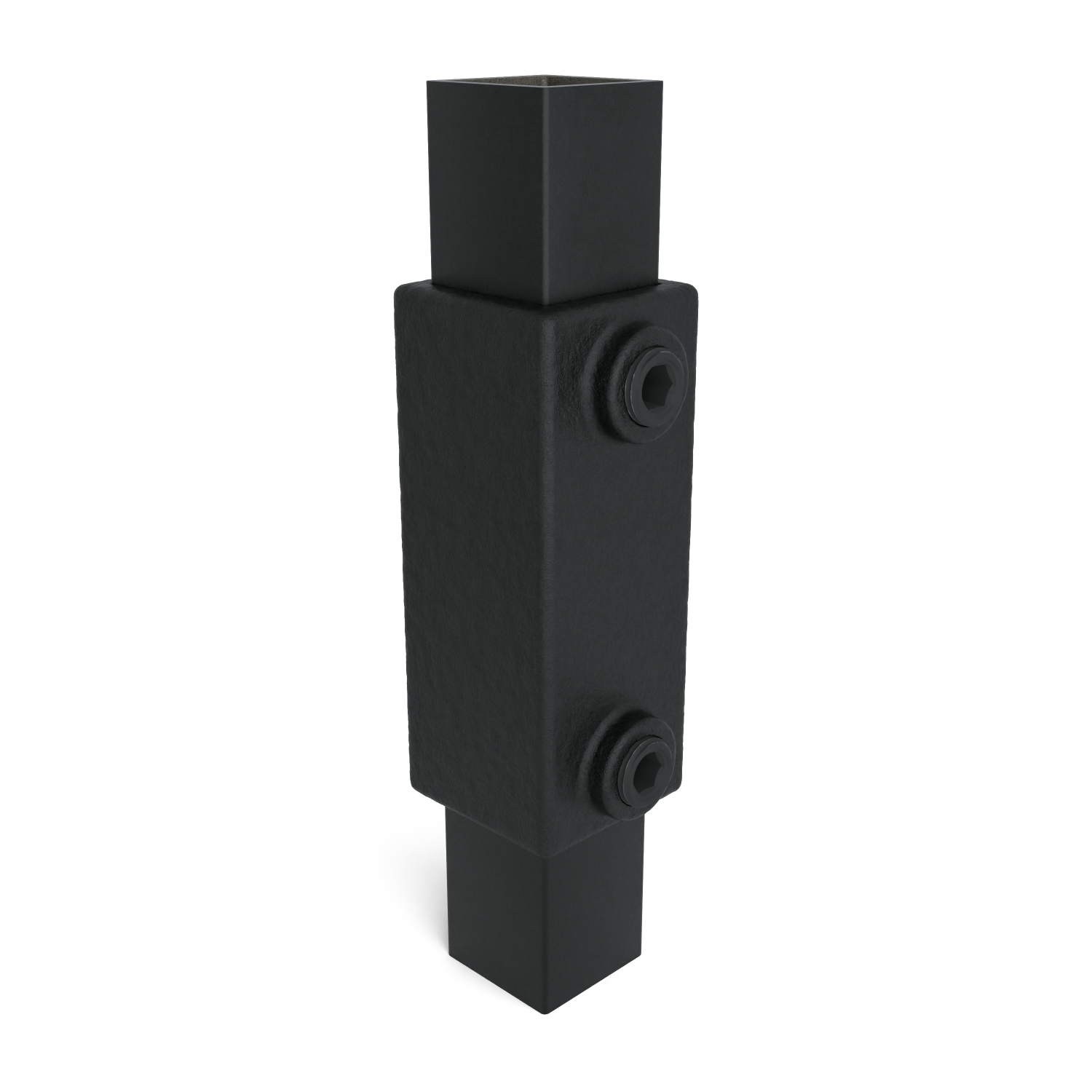 Buiskoppeling Koppelstuk zwart 25 mm vierkant - schuin aanzicht met buizen (Steigerbuisstunter.nl)