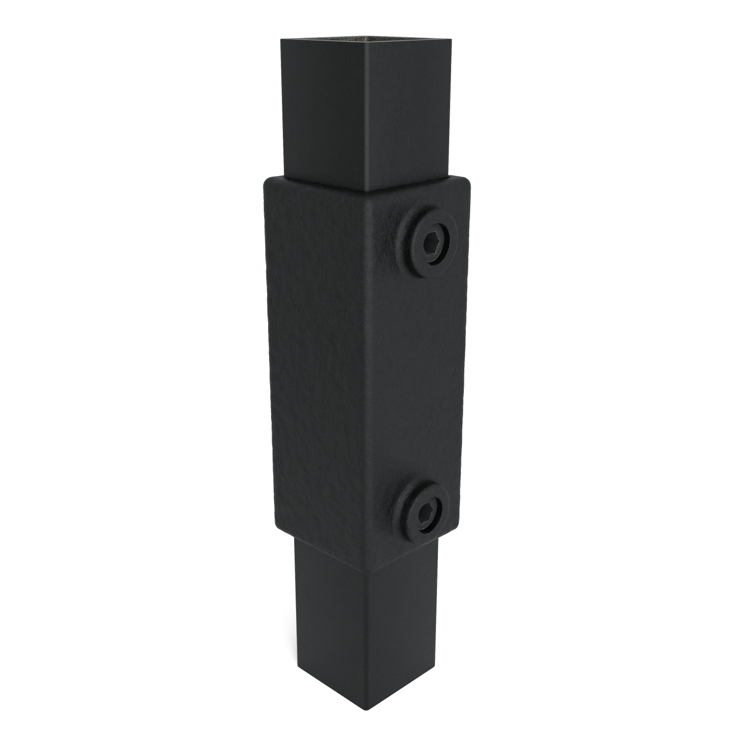 Buiskoppeling Koppelstuk 90º zwart 40 mm vierkant - schuin aanzicht met buizen (Steigerbuisstunter.nl)
