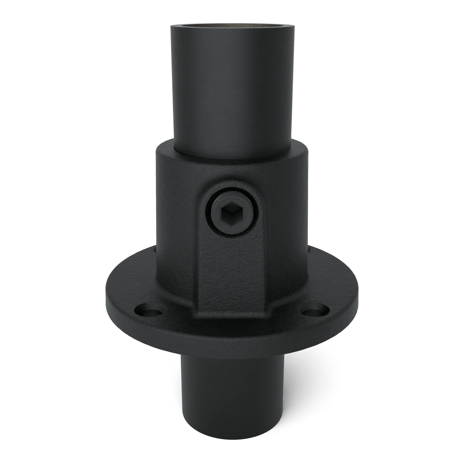 Buiskoppeling Voetplaat rond doorlopend zwart 26,9 mm - vooraanzicht met buizen (Steigerbuisstunter.nl)