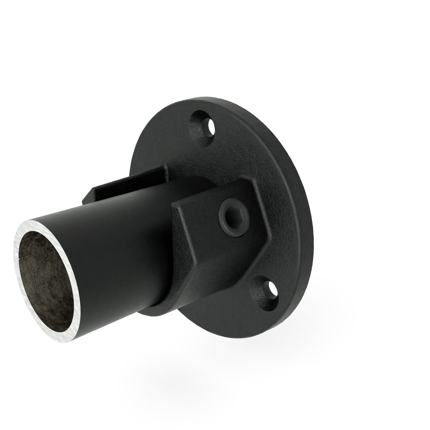 Buiskoppeling Voetplaat met inleg zwart (set) 26,9 mm - schuin aanzicht met buizen (Steigerbuisstunter.nl)