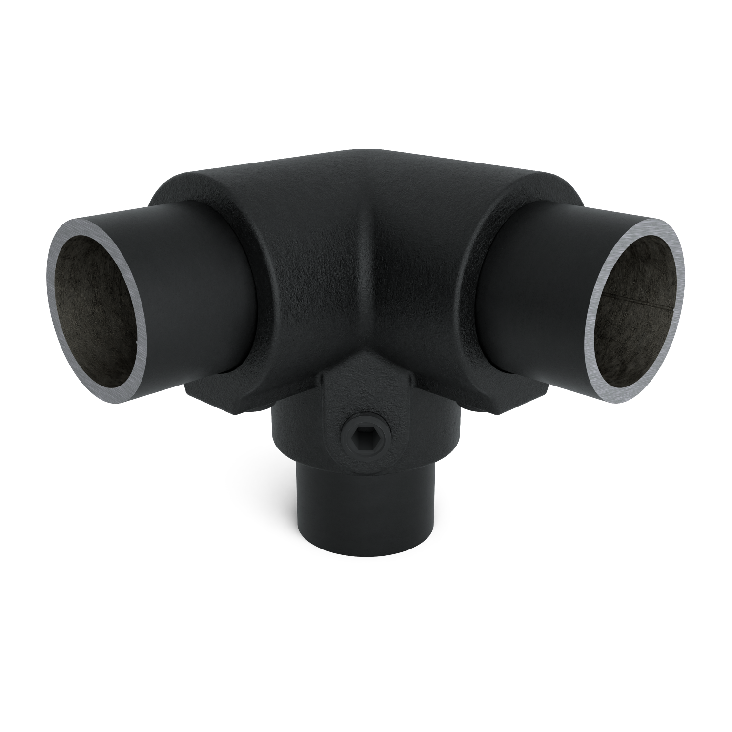 Buiskoppeling Kniestuk 3-weg 90º zwart 33,7 mm - vooraanzicht met buizen (Steigerbuisstunter.nl)
