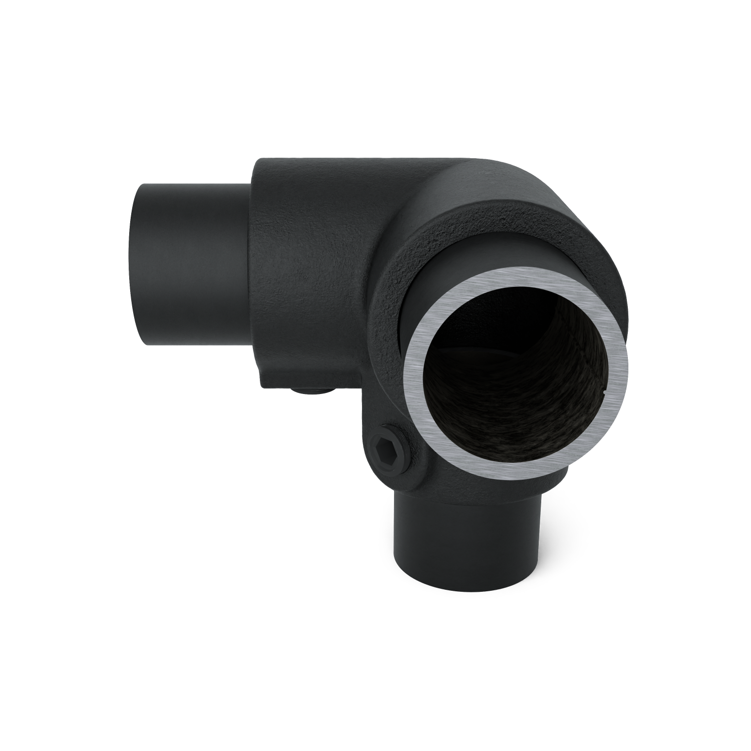 Buiskoppeling Kniestuk 3-weg 90º - zwart voor buiten - 42,4 mm - schuin aanzicht met buizen (Steigerbuisstunter.nl)