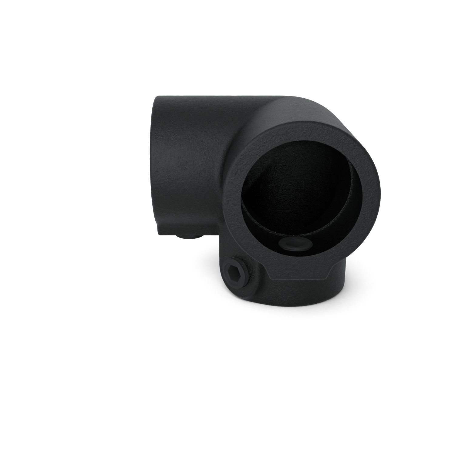 Buiskoppeling Kniestuk 3-weg 90º zwart 48,3 mm - schuin aanzicht buiskoppeling (Steigerbuisstunter.nl)