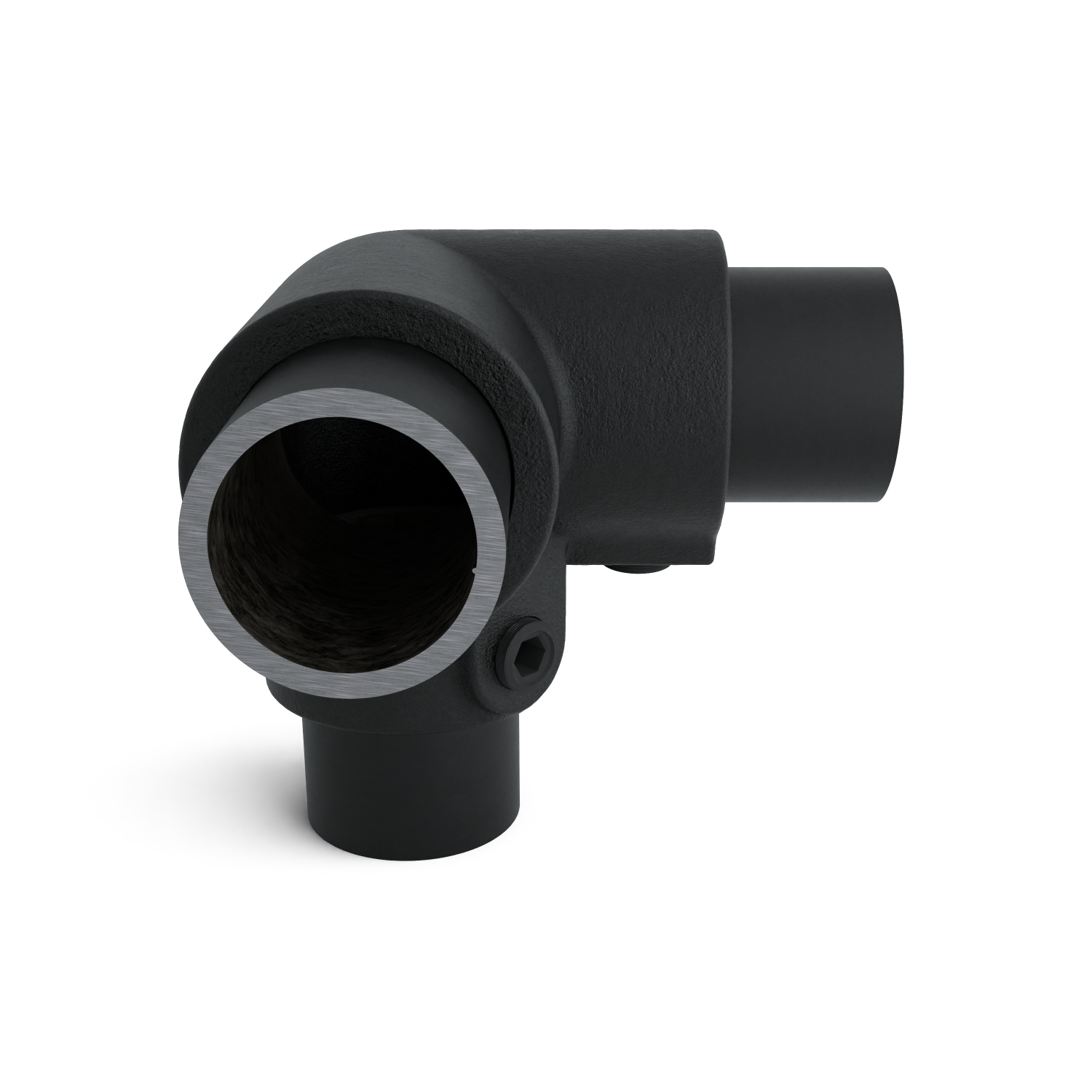 Buiskoppeling Kniestuk 3-weg 90º zwart 26,9 mm - zijaanzicht met buizen (Steigerbuisstunter.nl)
