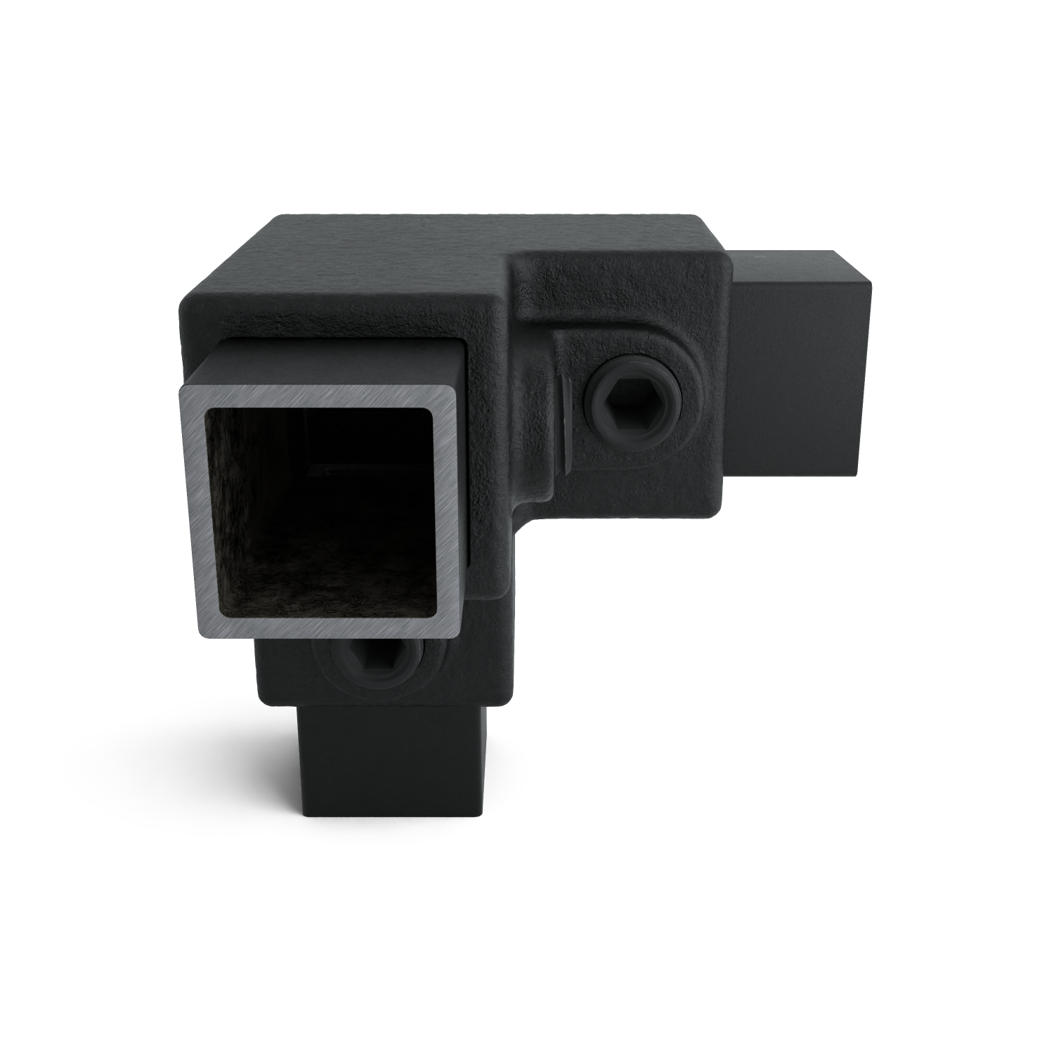 Buiskoppeling Kniestuk 3-weg 90º zwart 25 mm vierkant - zijaanzicht met buizen (Steigerbuisstunter.nl)