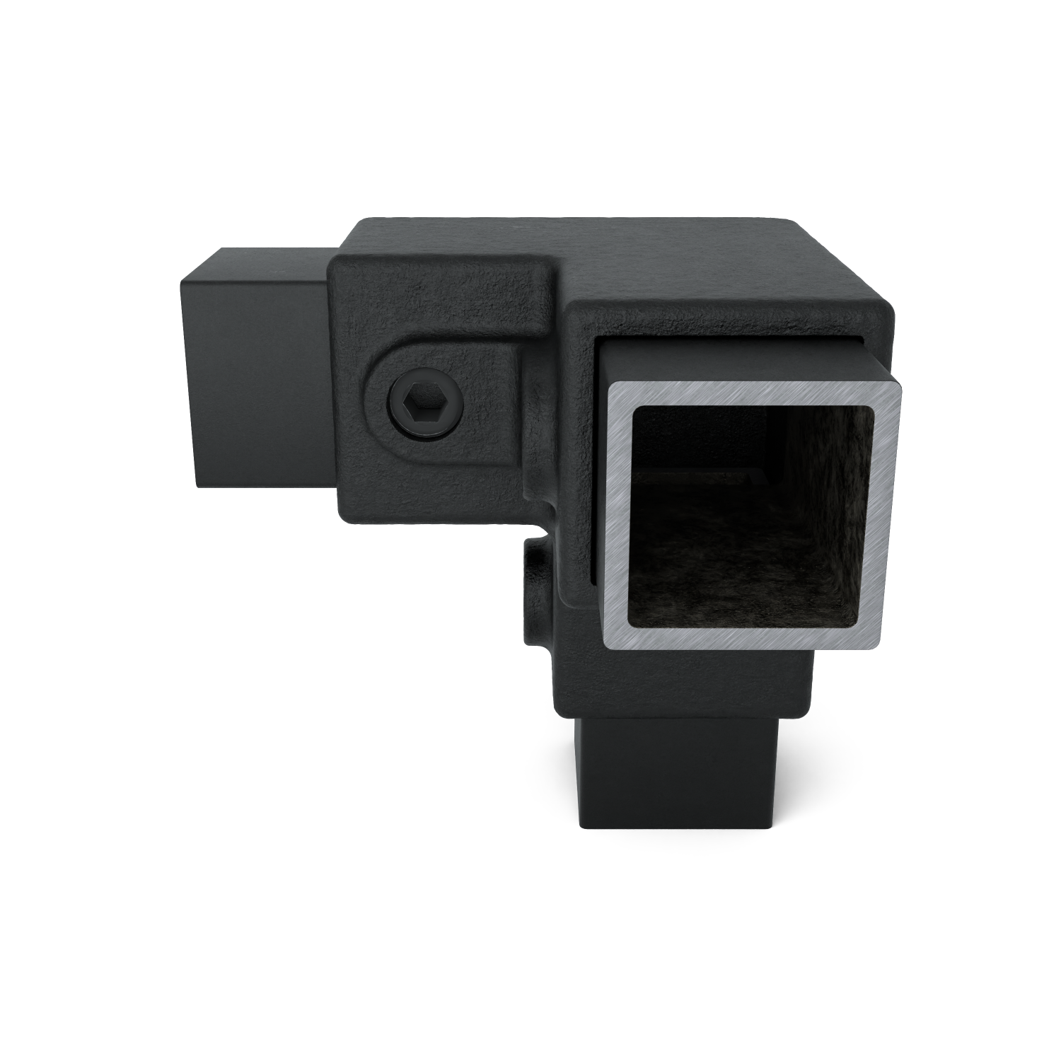 Buiskoppeling Kniestuk 3-weg 90º zwart 40 mm vierkant - schuin aanzicht met buizen (Steigerbuisstunter.nl)