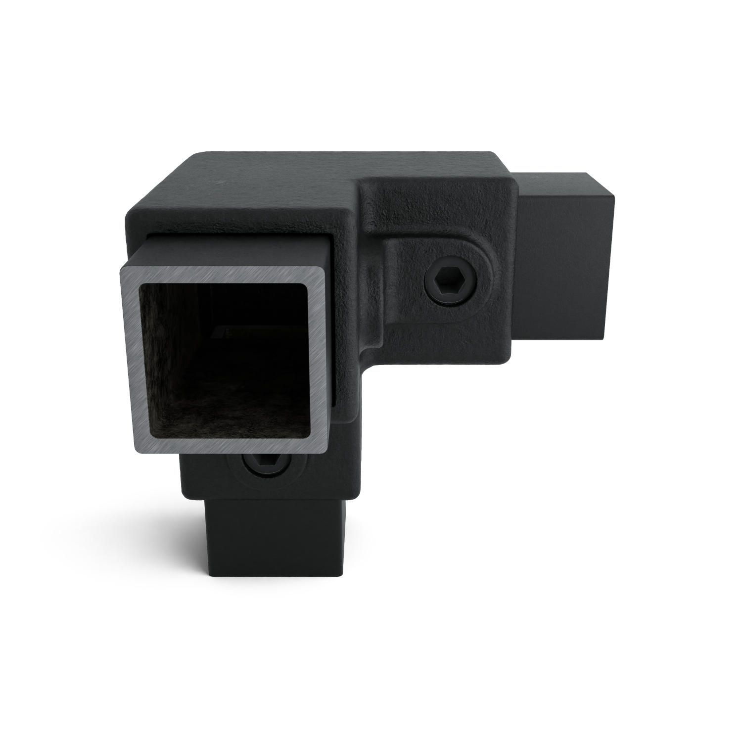 Buiskoppeling Kniestuk 3-weg 90º zwart 40 mm vierkant - zijaanzicht met buizen (Steigerbuisstunter.nl)