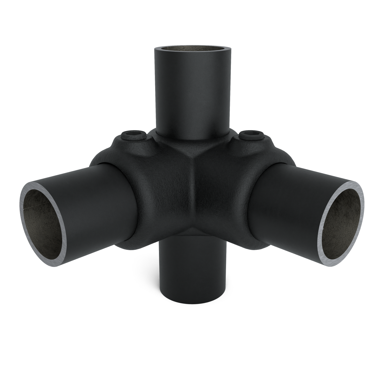 Buiskoppeling Hoekstuk 90º zwart 33,7 mm - vooraanzicht met buizen (Steigerbuisstunter.nl)