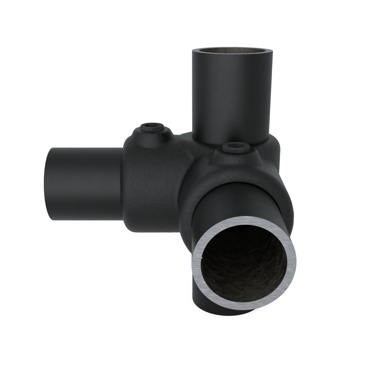 Buiskoppeling Hoekstuk 90º zwart 33,7 mm - schuin aanzicht met buizen (Steigerbuisstunter.nl)