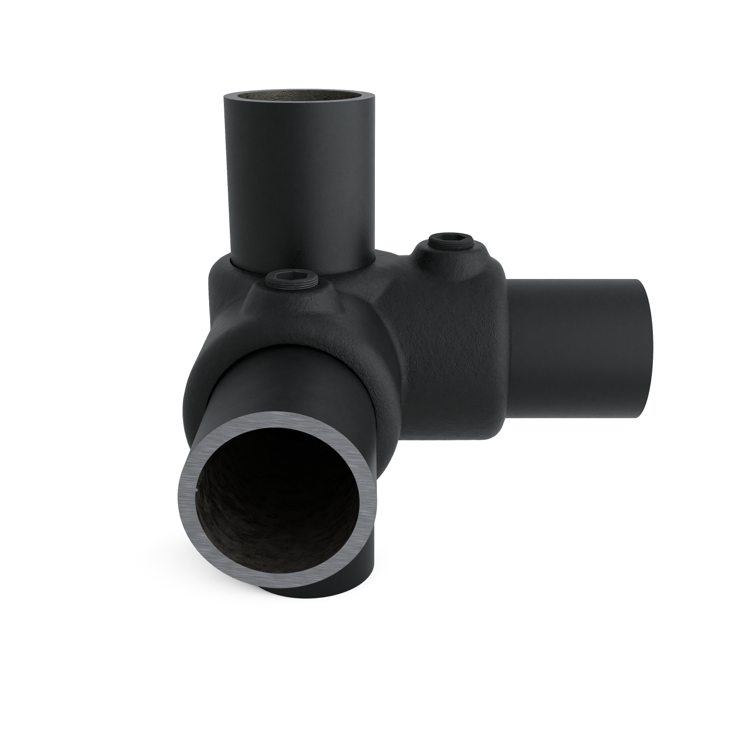 Buiskoppeling Hoekstuk 90º zwart 33,7 mm - zijaanzicht met buizen (Steigerbuisstunter.nl)