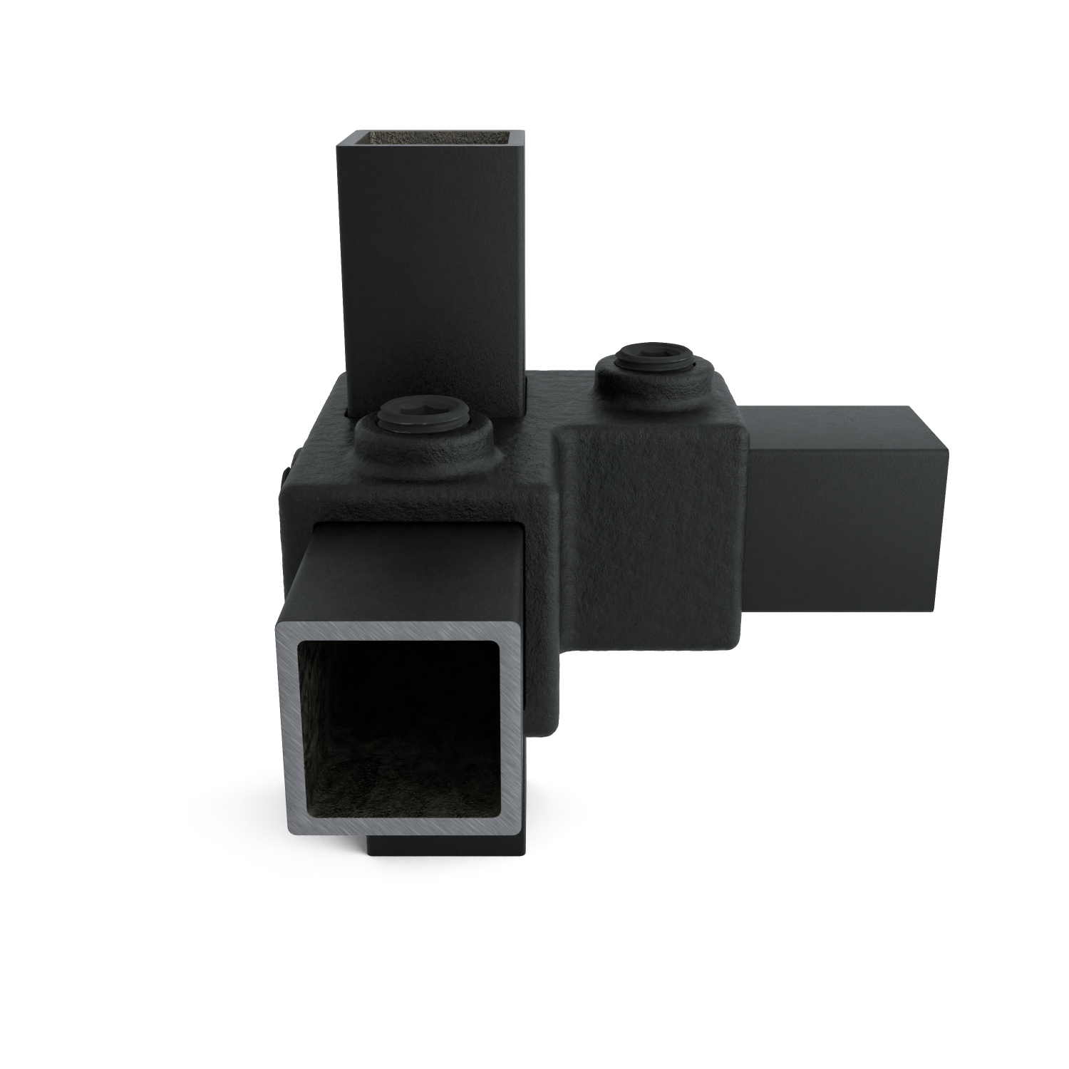 Buiskoppeling Hoekstuk 90º zwart 25 mm vierkant - zijaanzicht met buizen (Steigerbuisstunter.nl)