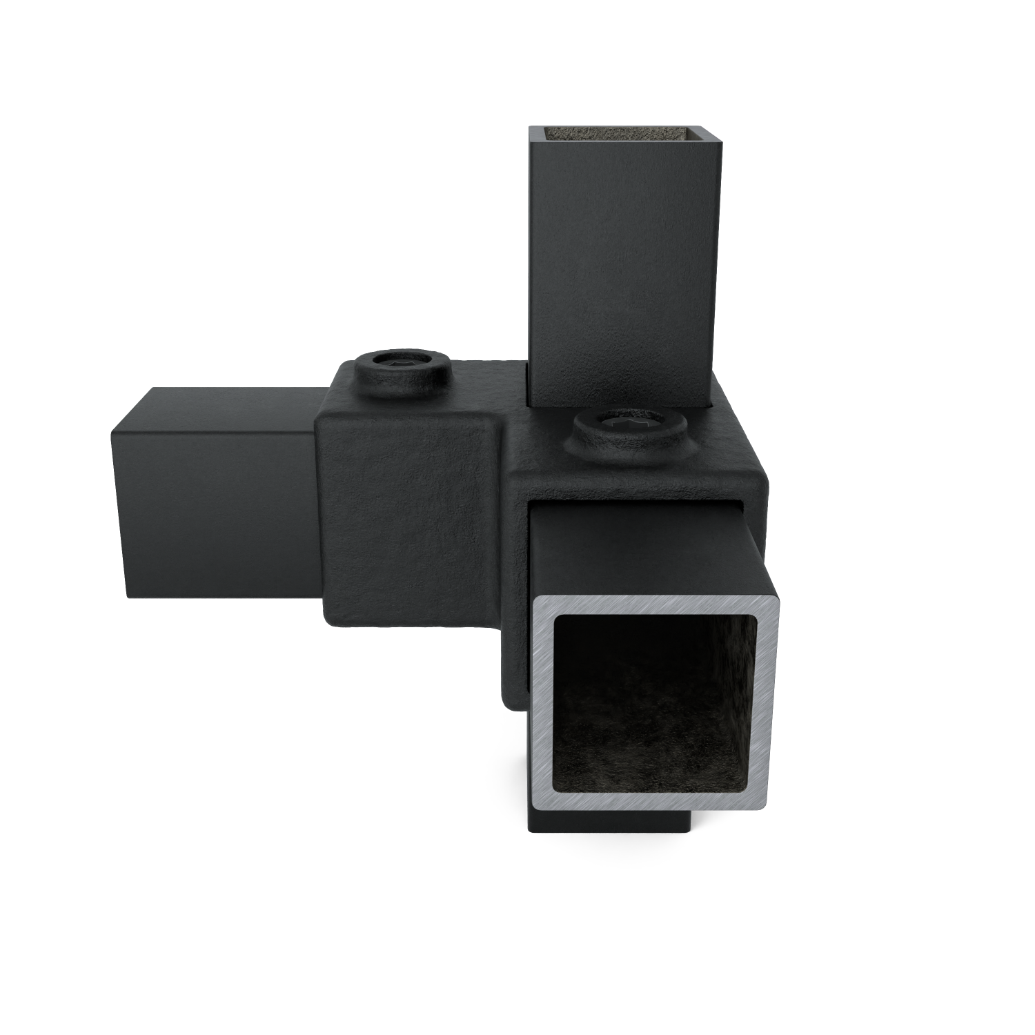 Buiskoppeling Hoekstuk 90º zwart 40 mm vierkant - zijaanzicht met buizen (Steigerbuisstunter.nl)