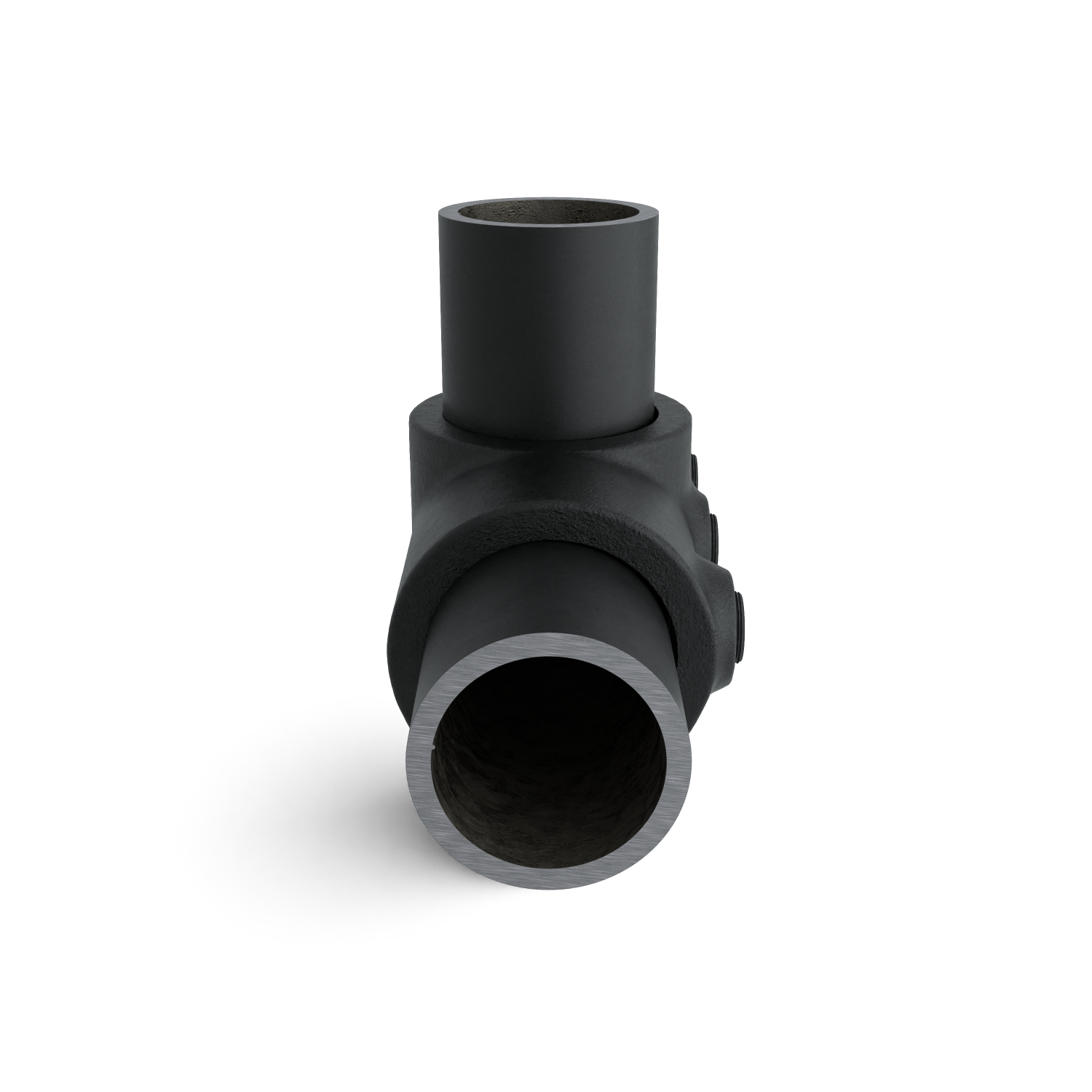 Buiskoppeling Kruisstuk 1-vlak zwart 21,3 mm - zijaanzicht met buizen (Steigerbuisstunter.nl)