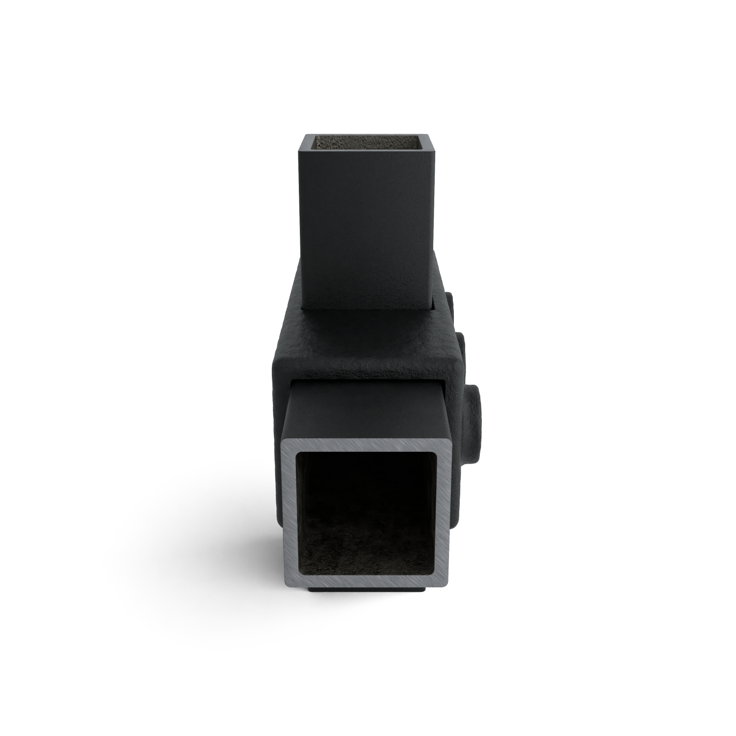 Buiskoppeling Kruisstuk 1-vlak zwart 40 mm vierkant - zijaanzicht met buizen (Steigerbuisstunter.nl)